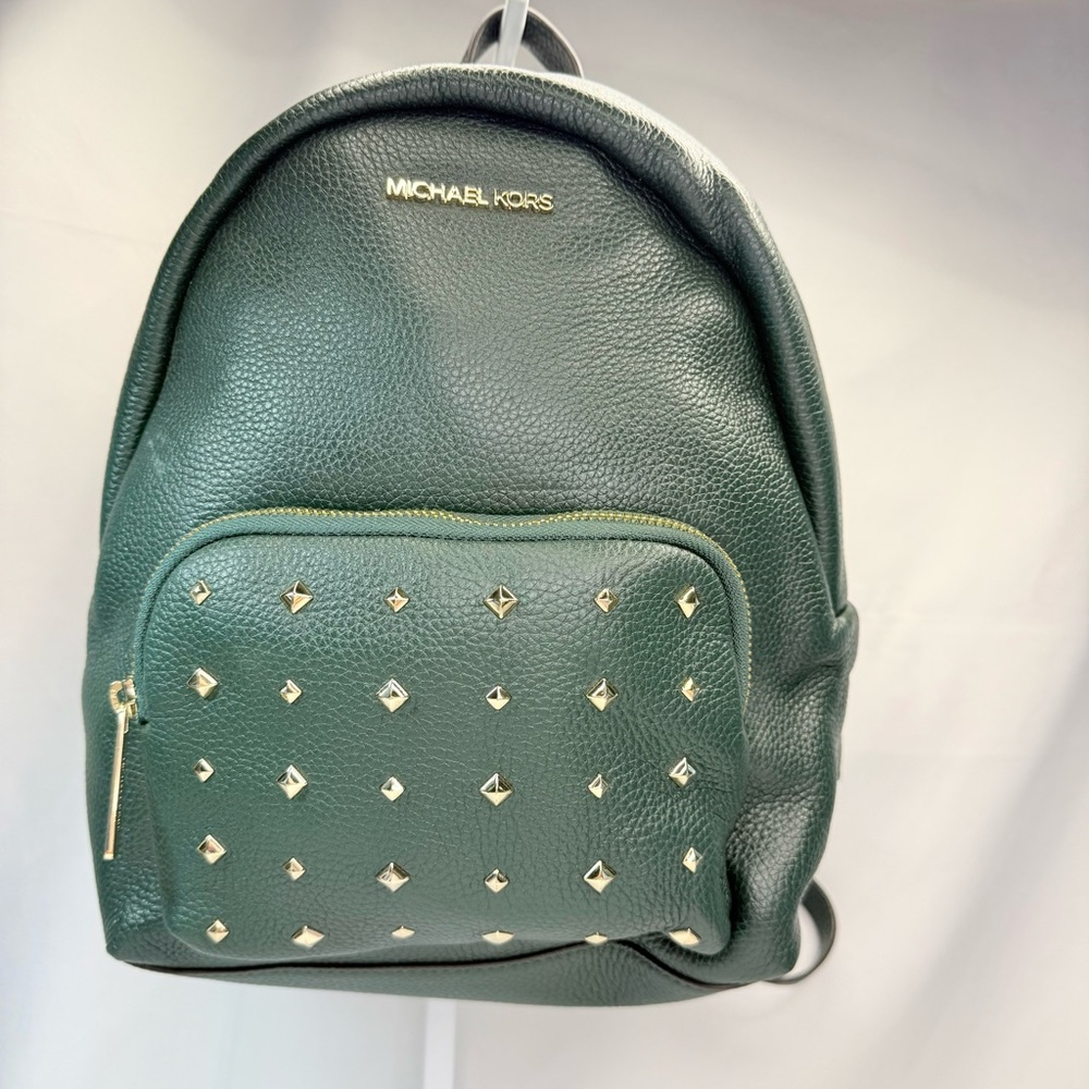 Michael Kors Dark Green Studded Pebble Leather Backpack EUC